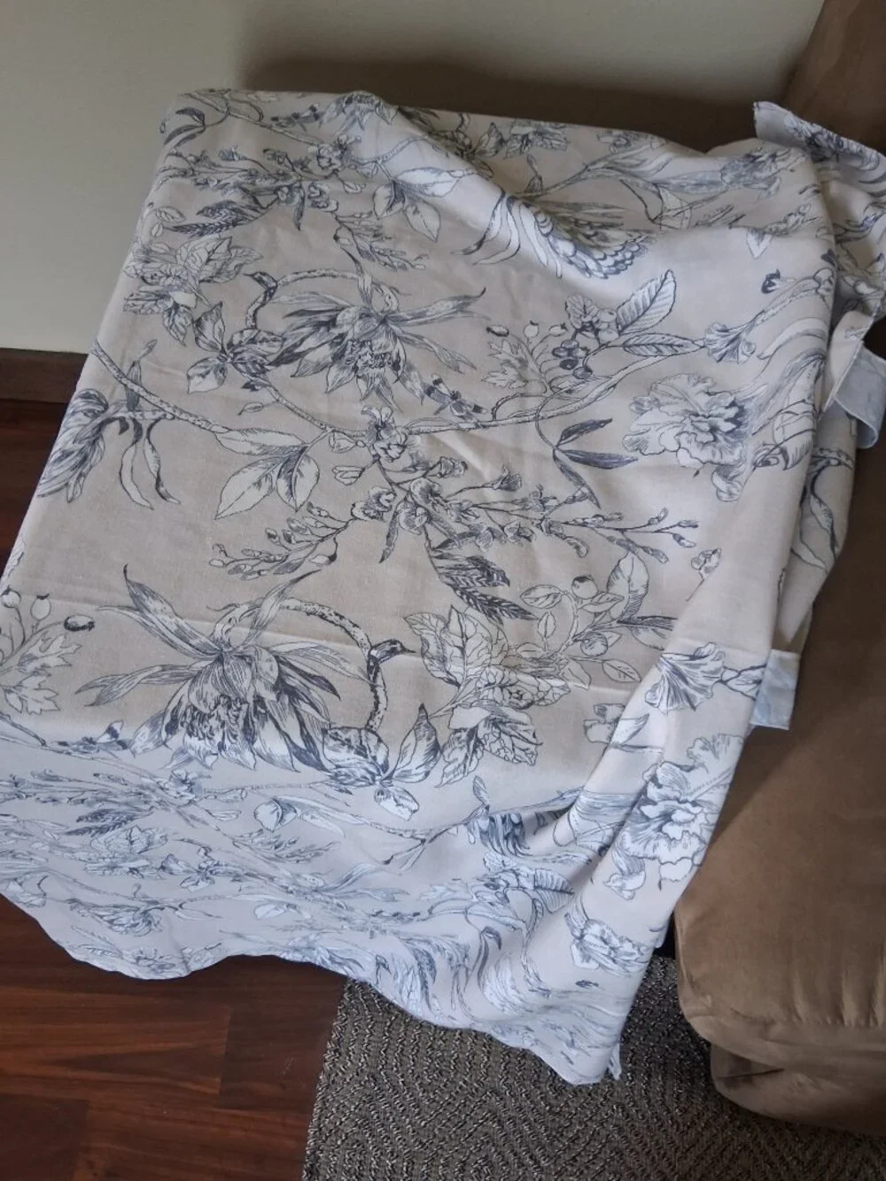Grey Background with Blue/White Floral 50W x 95L UNLINED Linen Blend Drapes